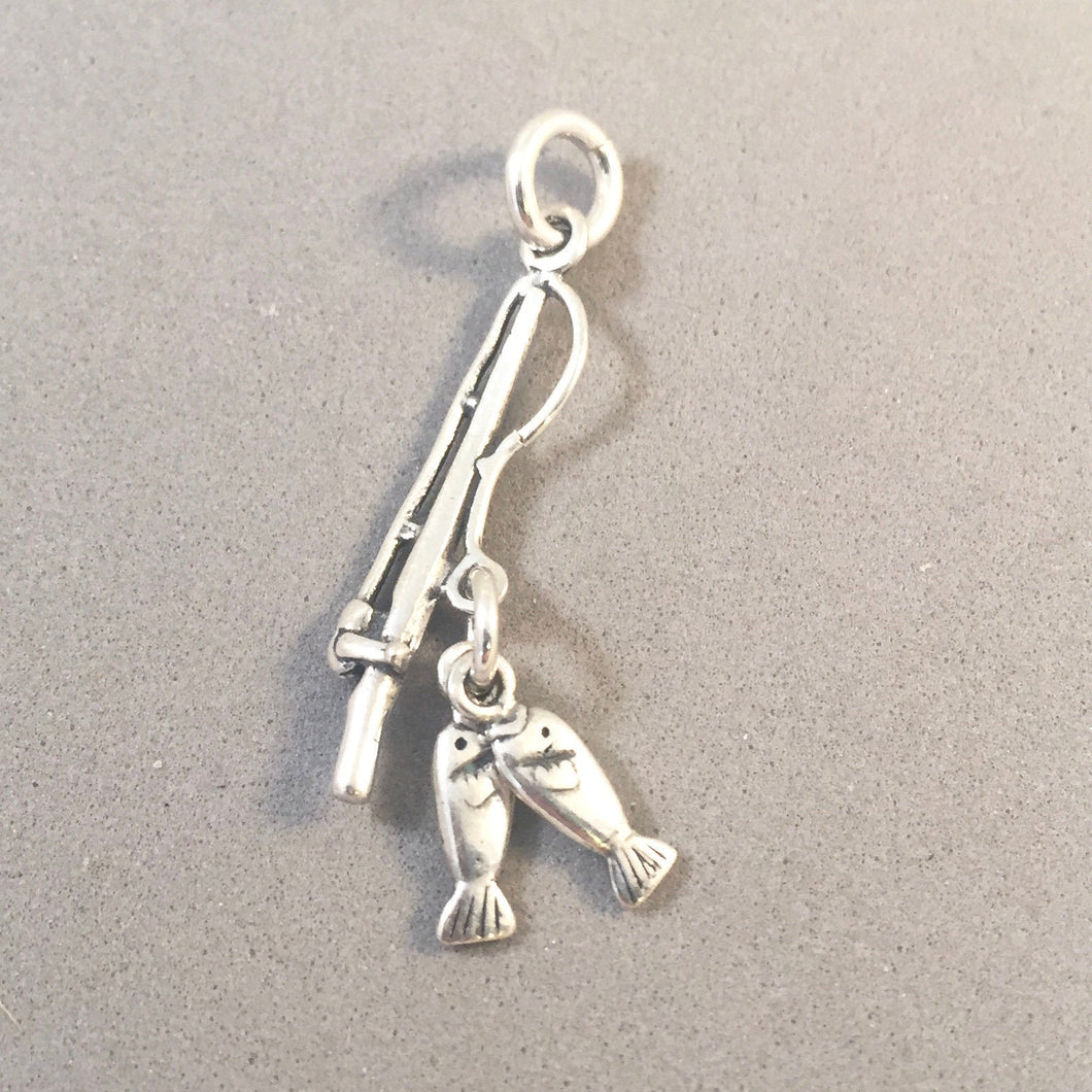 FISHING POLE .925 Sterling Silver 3-D Charm Pendant Reel Rod & 2 Fish Caught Lake River nt12