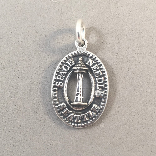 SEATTLE SPACE NEEDLE .925 Sterling Silver Charm Pendant Oval Washington Travel Northwest NW06