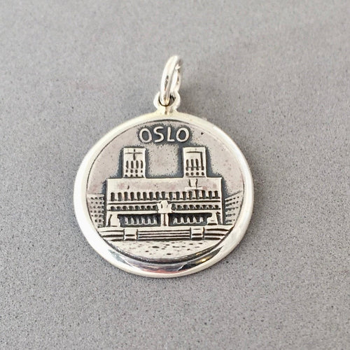 OSLO .925 Sterling Silver Charm Pendant Norway City Hall Europe Tourist Travel Souvenir Places tn01