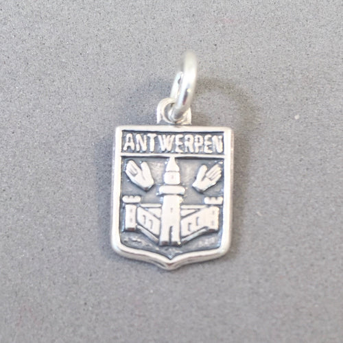 ANTWERPEN .925 Sterling Silver Charm Pendant Belgium Travel Shield Crest Town Hall Europe td12