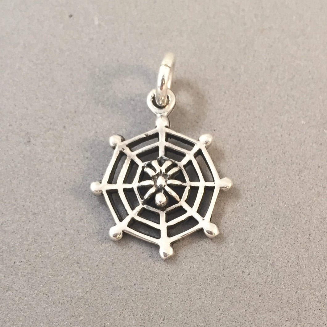 SPIDERWEB .925 Sterling Silver 3-D Charm Pendant Tiny Spider on a Web Insect Bug Halloween HH04