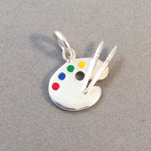 ARTIST'S PALETTE Enameled .925 Sterling Silver 3-D Charm Pendant Color Painting Art Brush hb15