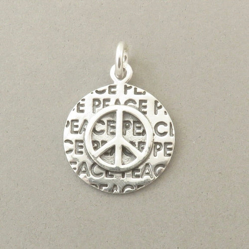 PEACE SIGN on Words Disc .925 Sterling Silver Charm Pendant Medallion Overlay Symbol MY11