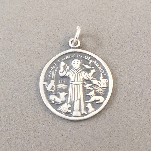 SAINT FRANCIS of ASSISI .925 Sterling Silver Medal/Medallion Charm Pendant Faith Religion Round fa32