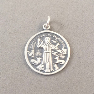 SAINT FRANCIS of ASSISI .925 Sterling Silver Medal/Medallion Charm Pendant Faith Religion Round fa32