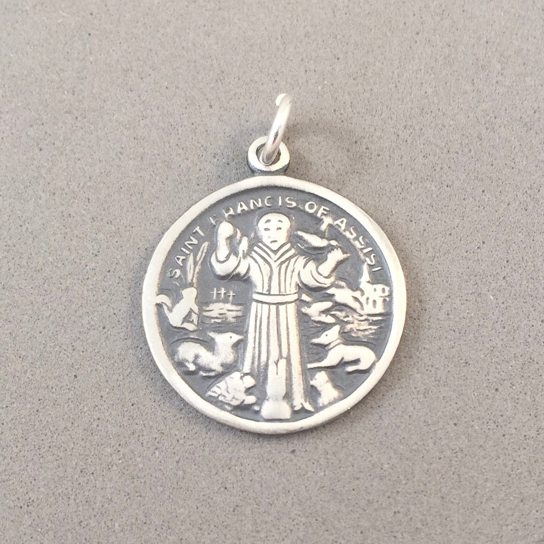 SAINT FRANCIS of ASSISI .925 Sterling Silver Medal/Medallion Charm Pendant Faith Religion Round fa32