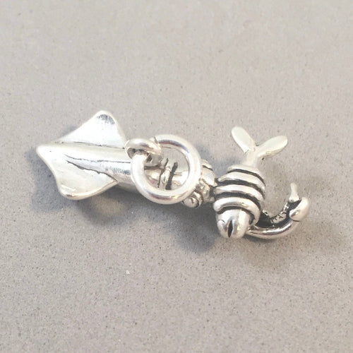 SQUID Holding a FISH .925 Sterling Silver 3-D Charm Pendant Beach Calamari BV03