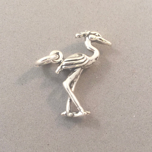 HERON .925 Sterling Silver 3-D Charm Pendant Bird Egret Crane Gray Reef Figural bi18