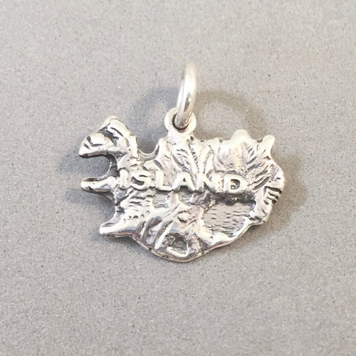 ISLAND MAP (Iceland) .925 Sterling Silver Charm Pendant Reykjavik Blue Lagoon Hekla Volcano TN12