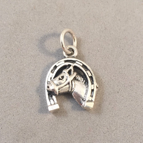 HORSE HEAD in HORSESHOE .925 Sterling Silver Charm Pendant Equestrian Cowboy Shoe AN74