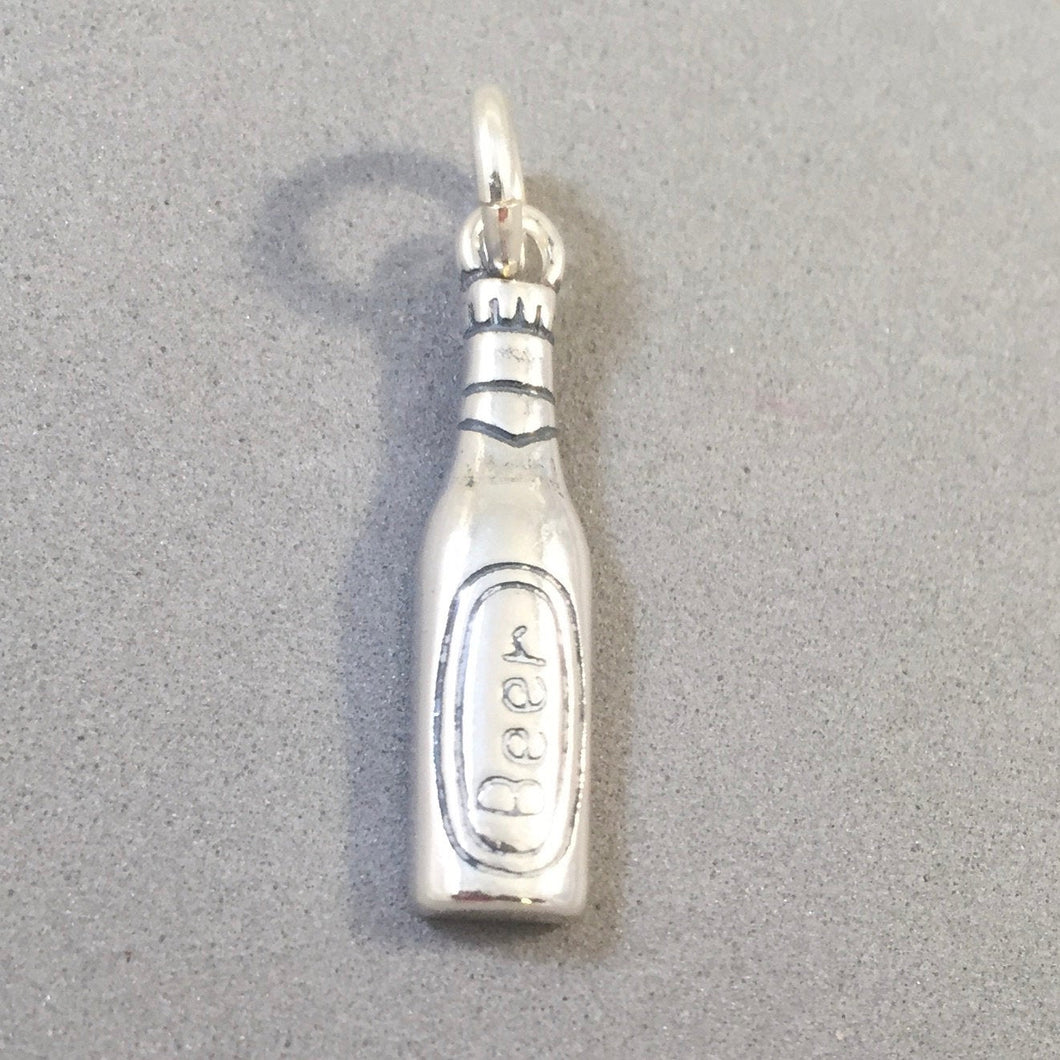 BEER BOTTLE .925 Sterling Silver Charm Pendant Drink Alcohol Beverage kt46