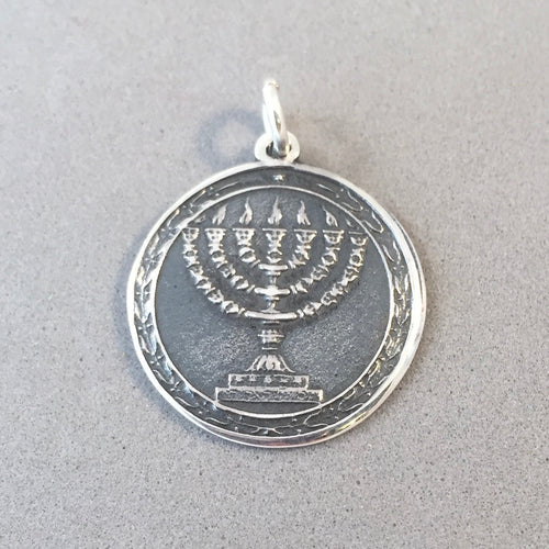 MENORAH MEDALLION .925 Sterling Silver Charm Pendant Faith Religion Jewish Holiday Hanukkah fa16