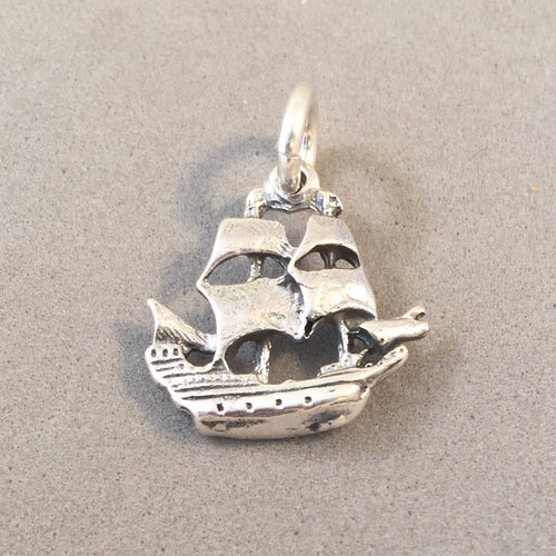 PILGRIM SHIP .925 Sterling Silver 3-D Charm Pendant Pirate Double Masted Sailboat Boat Ocean nt09