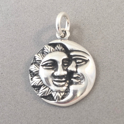 SUN & MOON FACE .925 Sterling Silver Charm Pendant Crescent Man in the Moon Astrology my08