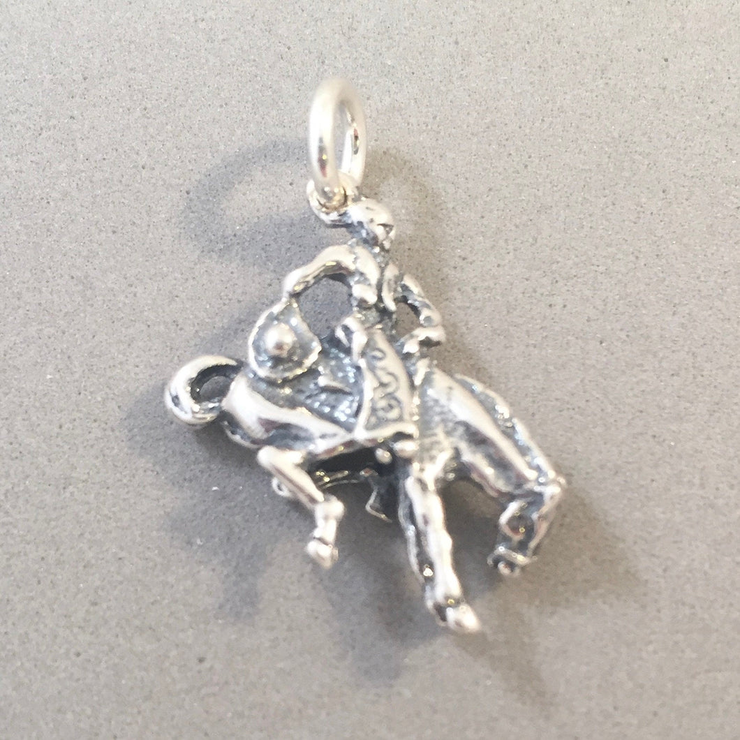 RODEO RIDER .925 Sterling Silver 3-D Charm Pendant Cowboy Cowgirl Bucking Bronco Horse AN34