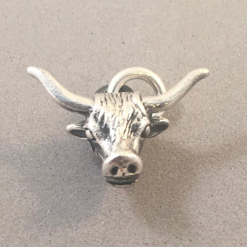 TEXAS LONGHORN .925 Sterling silver 3-D Charm Pendant Steer Head Oxen Cow Bull Cattle Ranch an78