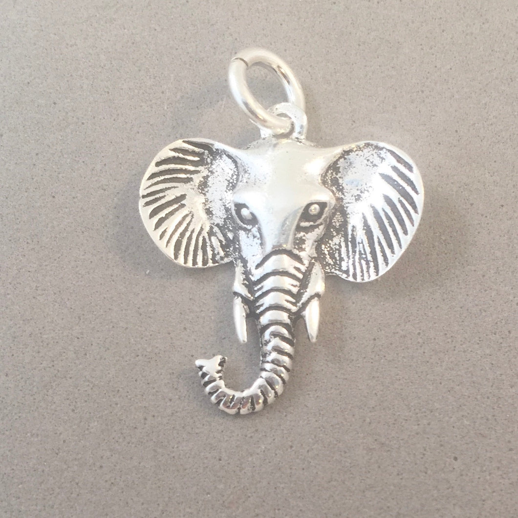 ELEPHANT HEAD .925 Sterling Silver Charm Trunk Left Tusks Pendant Safari Asian African Zoo AZ06