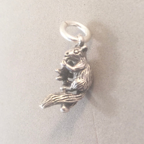 SQUIRREL on Branch With Nut .925 Sterling Silver 3-D Charm Pendant Animal an62