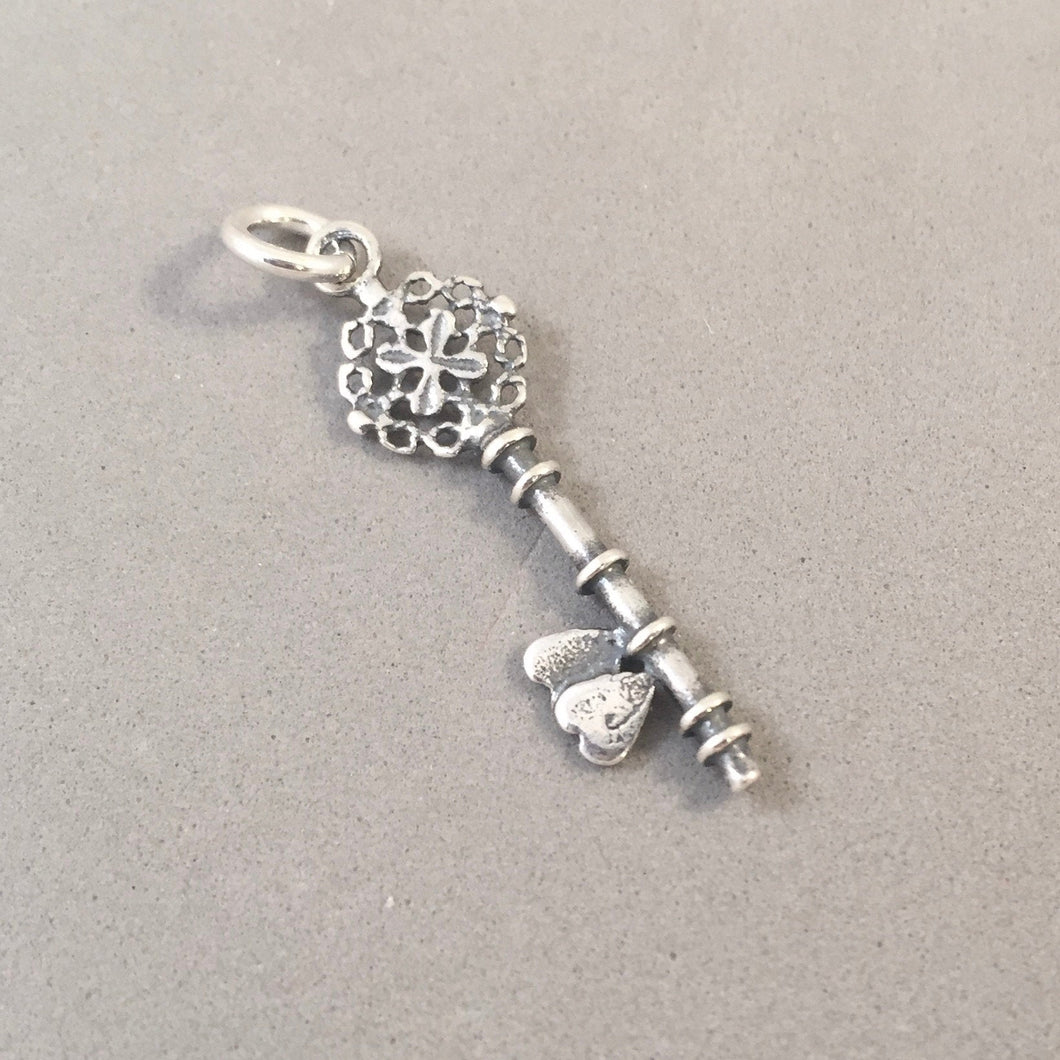 Sale! KEY with HEARTS .925 Sterling Silver 3-D Charm Pendant 