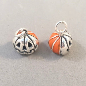 JACK-O-LANTERN Orange Enamel .925 Sterling Silver 3-D Charm Pendant Carved Pumpkin Halloween HL12