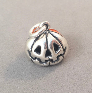 JACK-O-LANTERN Orange Enamel .925 Sterling Silver 3-D Charm Pendant Carved Pumpkin Halloween HL12