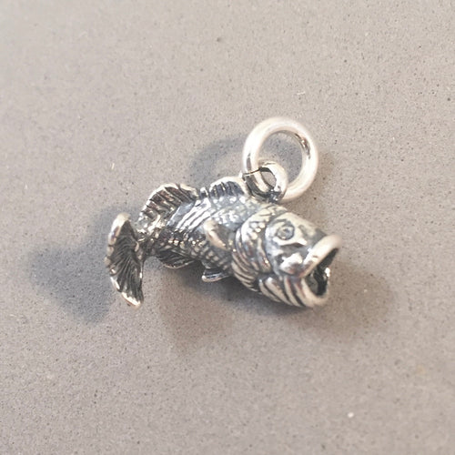 LARGE MOUTH BASS Sterling Silver 3-D Charm pendant Fish Jumping Fishing Life NT74