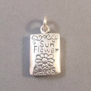 SUNFLOWER SEEDS PACKET .925 Sterling Silver 3-D Charm Pendant Sun Flower Package  Plant Kansas GP02