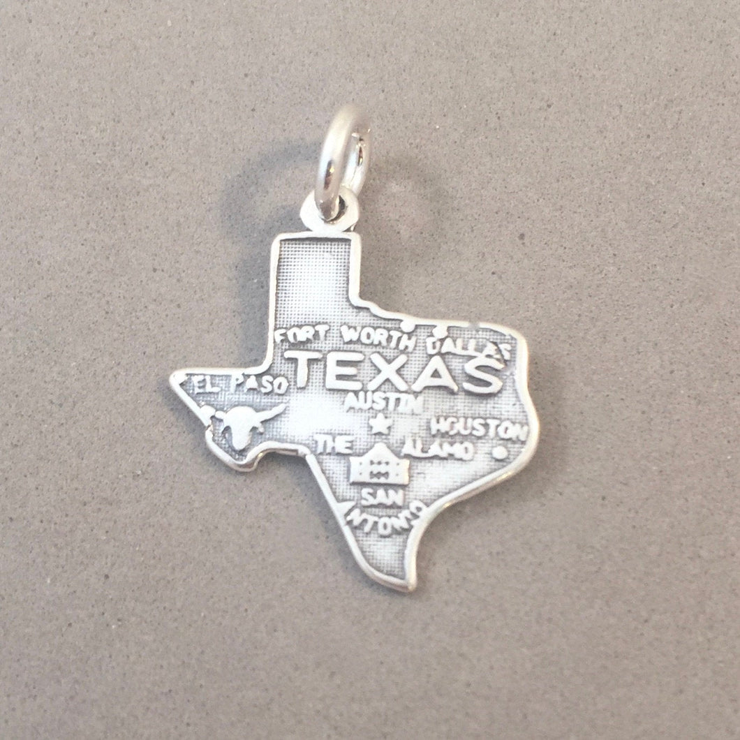 Sale! TEXAS .925 Sterling Silver State Map Charm travel tourist Dallas Houston El Paso San Antonio Austin sttx