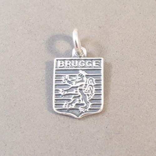 BRUGGE .925 Sterling Silver Charm Pendant Belgium Travel Shield Crest Coat of Arms Souvenir TD11