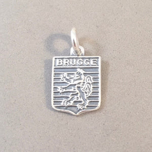 BRUGGE .925 Sterling Silver Charm Pendant Belgium Travel Shield Crest Coat of Arms Souvenir td11