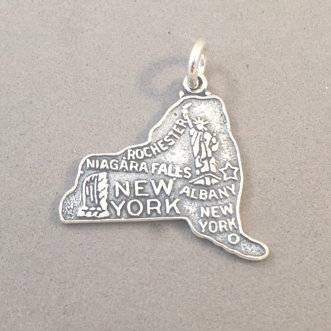 Sale! NEW YORK .925 Sterling Silver State Map Charm travel tourist Albany Rochester Niagara Falls ST-NY