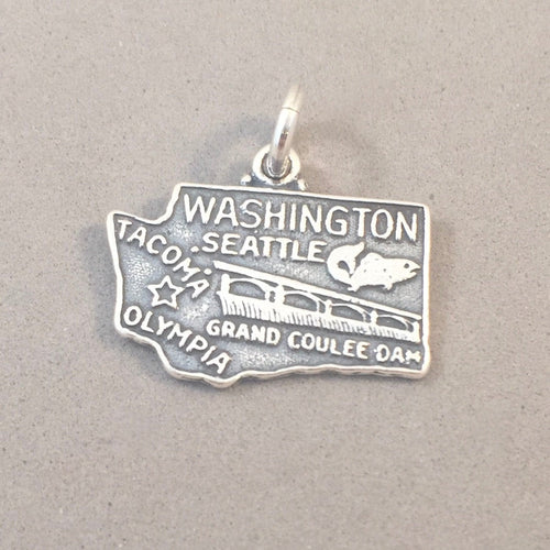 Sale! WASHINGTON .925 Sterling Silver State Map Charm travel tourist Seattle Tacoma Olympia Coulee ST-WA