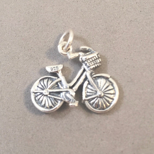 BICYCLE with BASKET Double Sided .925 Sterling Silver Charm Pendant City Tour Bike Ten Speed Amsterdam sp07