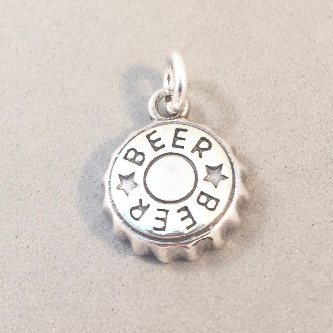 BEER CAP .925 Sterling Silver 3-D Charm Pendant Bottle Top Drink Alcohol Beverage kt07