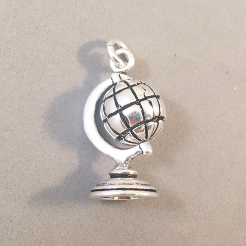 GLOBE .925 Sterling Silver 3-D Moving Charm Pendant Travel Trip Around the World Earth on Stand Spins CT05