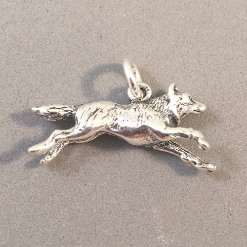 WOLF RUNNING 3-D .925 Sterling Silver Charm Bracelet Pendant Dog Coyote Old West Animal New an27