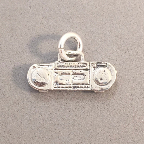 BOOMBOX .925 Sterling Silver Charm Pendant 2 Sided Retro Stereo Boom Box Music Deck Player Cassette HB03