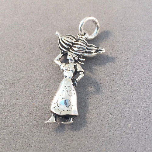 VILLAGE WOMAN Carrying Bananas .925 Sterling Silver 3-D Charm Pendant Caribbean Island Africa tr04