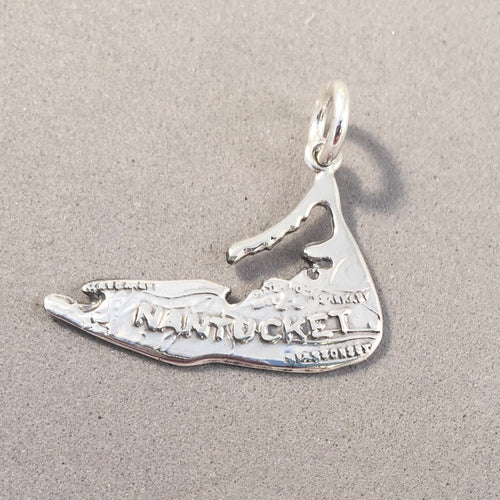 NANTUCKET ISLAND Map .925 Sterling Silver Charm Pendant Massachusetts Tourist Travel Souvenir tu31