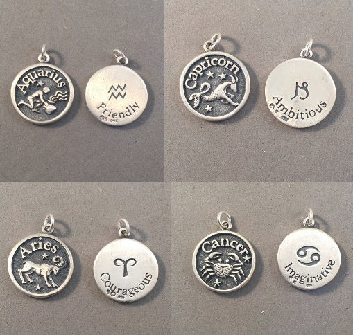 Sale! ASTROLOGY SIGNS .925 Sterling Silver Double Sided Charm Pendant Medallion Zodiac Symbol