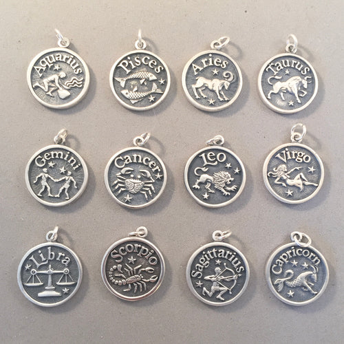 Sale! ASTROLOGY SIGNS .925 Sterling Silver Double Sided Charm Pendant Medallion Zodiac Symbol