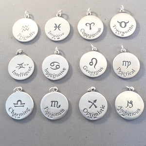 Sale! ASTROLOGY SIGNS .925 Sterling Silver Double Sided Charm Pendant Medallion Zodiac Symbol