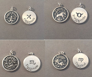 Sale! ASTROLOGY SIGNS .925 Sterling Silver Double Sided Charm Pendant Medallion Zodiac Symbol