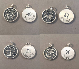 Sale! ASTROLOGY SIGNS .925 Sterling Silver Double Sided Charm Pendant Medallion Zodiac Symbol