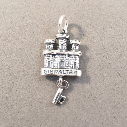 GIBRALTAR .925 Sterling Silver Small 3-D Charm Pendant UK Rock Castle Key Motto Montis Insignia Calpe Souvenir  tb37