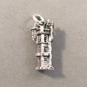 CASTLE TOWER .925 Sterling Silver 3-D Charm Pendant Scotland Ireland England UK Turret Souvenir tb34