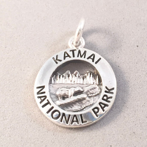 KATMAI National Park .925 Sterling Silver Charm Pendant Grizzly Bear Alaska Souvenir np27