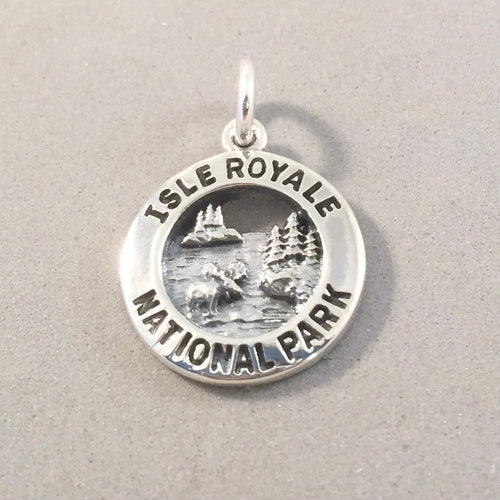 ISLE ROYALE National Park .925 Sterling Silver Charm Pendant Michigan Lake Superior Moose Islands Souvenir np16