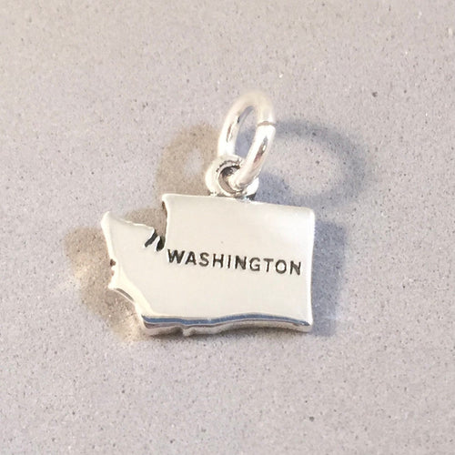 WASHINGTON STATE .925 Sterling Silver Shiny Map Charm New Travel Tourist Souvenir Seattle Tacoma Olympia NW02