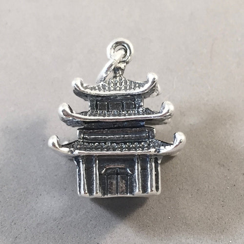 TEMPLE Heavy .925 Sterling Silver 3-D Charm Pendant Asian Chinese Japan China Pagoda Shrine Asia Travel Souvenir ta34